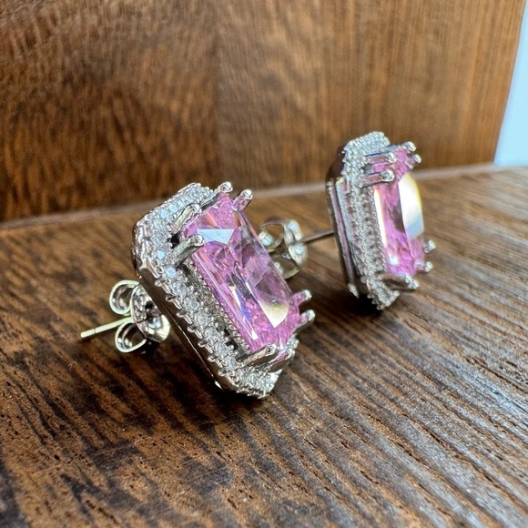 993. Emerald Cut Pink Kunzite Silver Stud Earrings - Picture 6 of 6